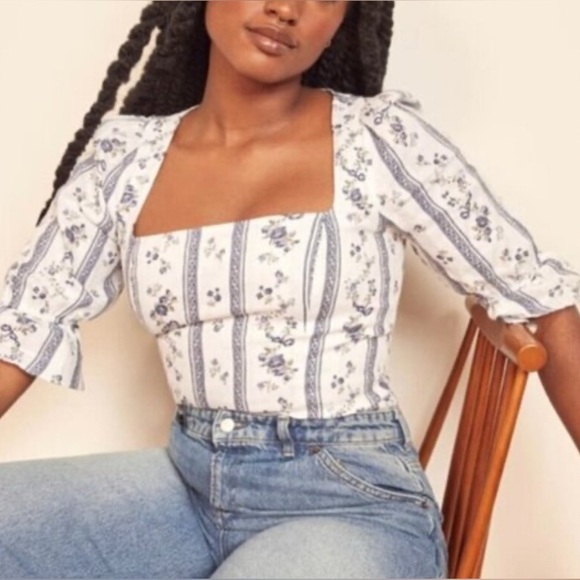 Reformation Blue Floral Linen Top in Roquefort - Picture 1 of 7